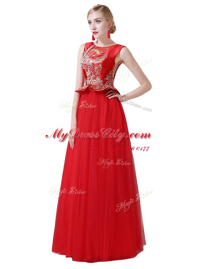 Dynamic Scoop Floor Length Zipper Prom Party Dress Red for Prom and Party with Beading and Appliques