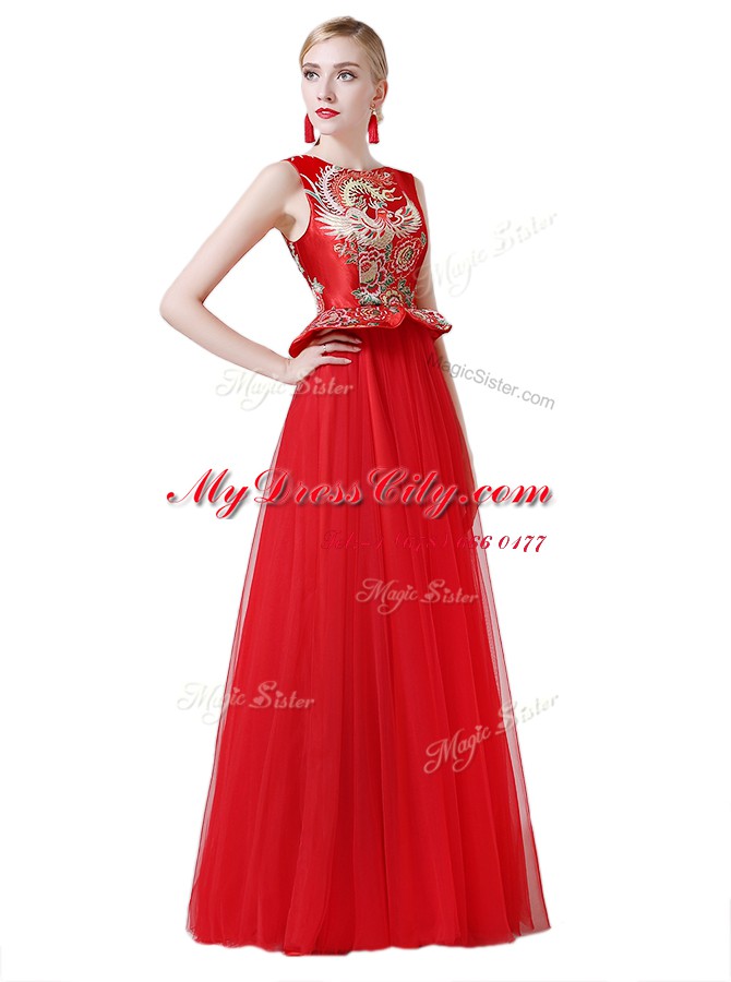 Dynamic Scoop Floor Length Zipper Prom Party Dress Red for Prom and Party with Beading and Appliques