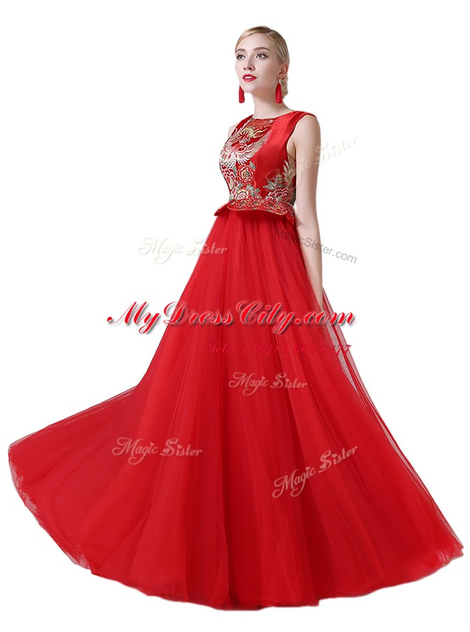 Dynamic Scoop Floor Length Zipper Prom Party Dress Red for Prom and Party with Beading and Appliques