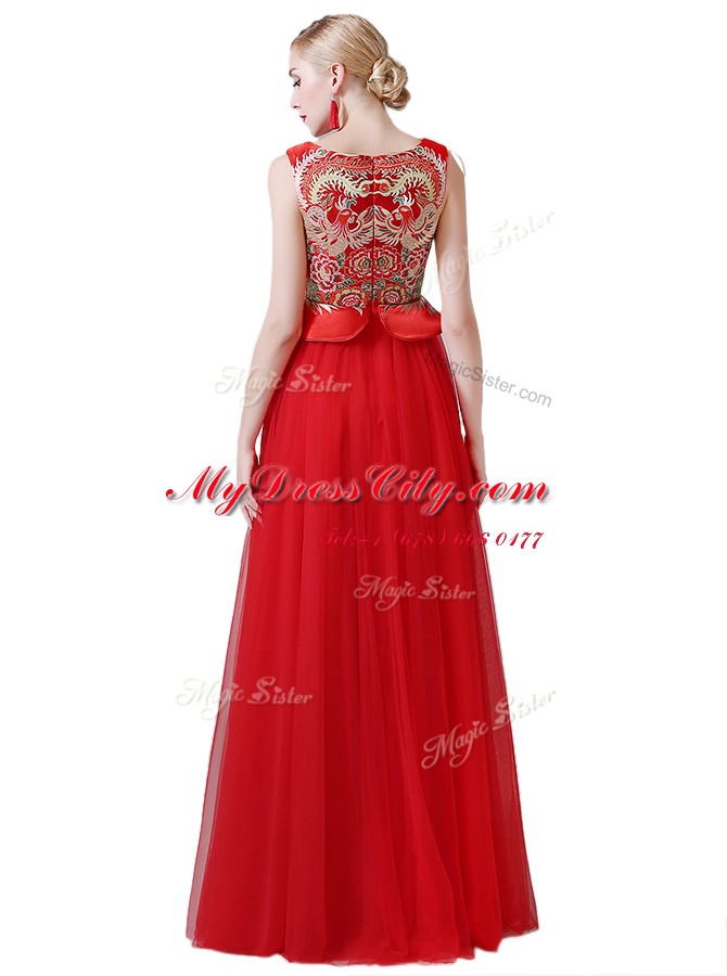 Dynamic Scoop Floor Length Zipper Prom Party Dress Red for Prom and Party with Beading and Appliques