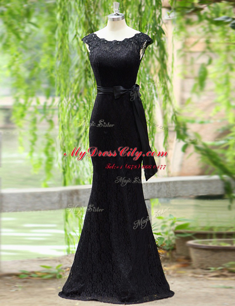 Black Mermaid Lace Scoop Sleeveless Lace Floor Length Zipper Homecoming Dress