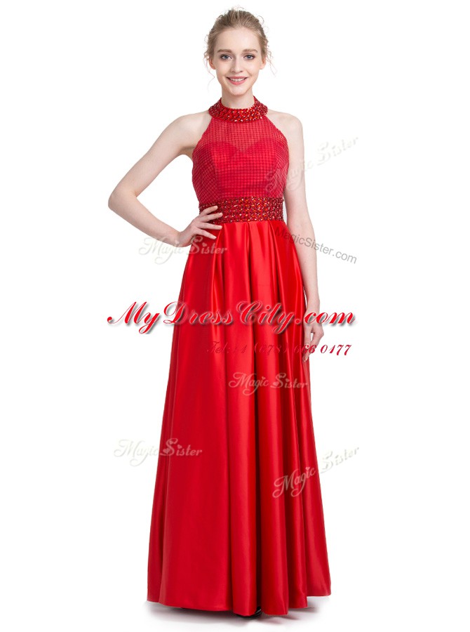 Halter Top Sleeveless Floor Length Beading Zipper Evening Dress with Red