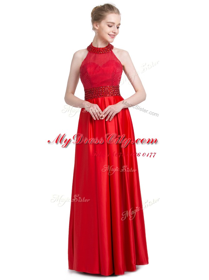 Halter Top Sleeveless Floor Length Beading Zipper Evening Dress with Red