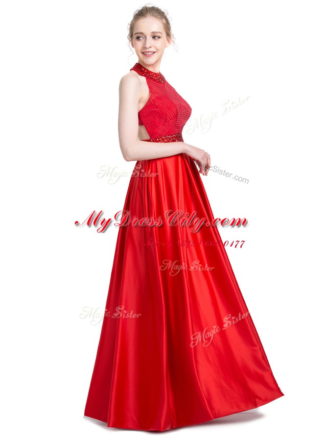 Halter Top Sleeveless Floor Length Beading Zipper Evening Dress with Red