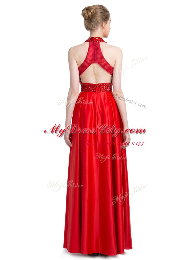 Halter Top Sleeveless Floor Length Beading Zipper Evening Dress with Red