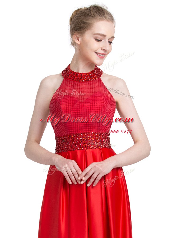 Halter Top Sleeveless Floor Length Beading Zipper Evening Dress with Red