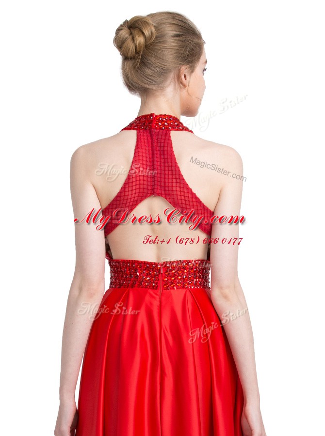 Halter Top Sleeveless Floor Length Beading Zipper Evening Dress with Red