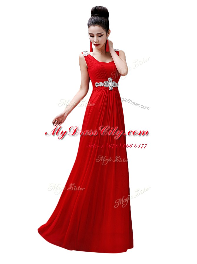 Decent Red Chiffon Zipper Prom Dresses Sleeveless Floor Length Beading