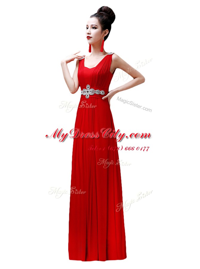 Decent Red Chiffon Zipper Prom Dresses Sleeveless Floor Length Beading