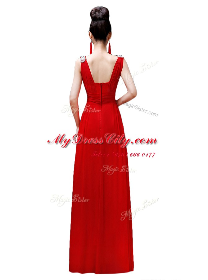 Decent Red Chiffon Zipper Prom Dresses Sleeveless Floor Length Beading