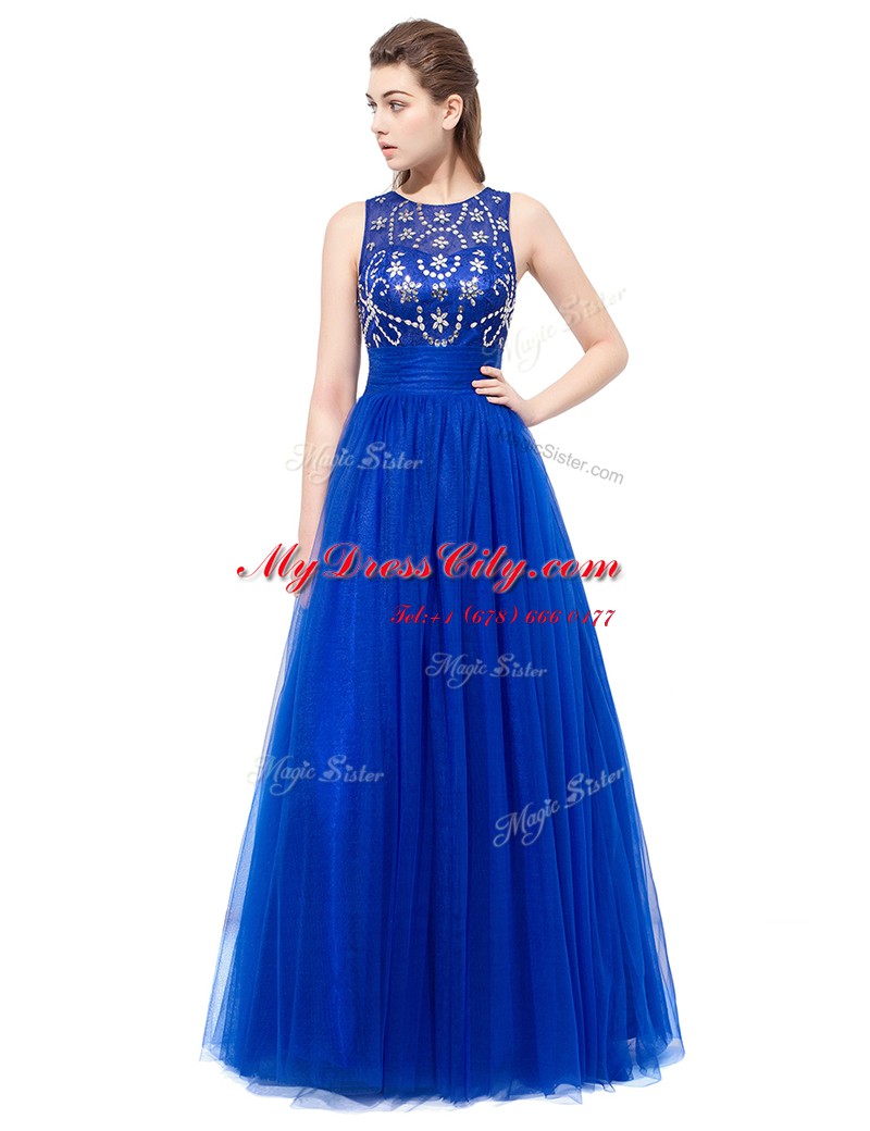 Popular Scoop Sleeveless Floor Length Beading Backless Prom Evening Gown with Royal Blue