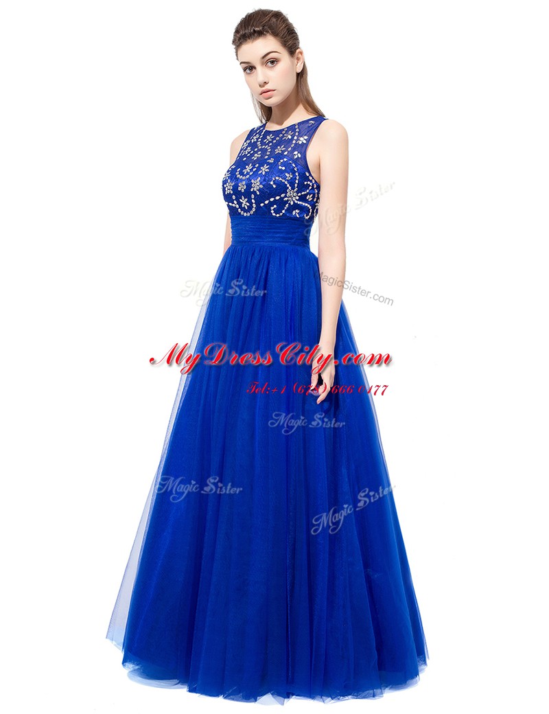 Popular Scoop Sleeveless Floor Length Beading Backless Prom Evening Gown with Royal Blue