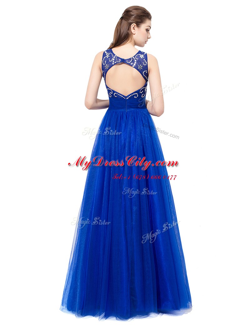 Popular Scoop Sleeveless Floor Length Beading Backless Prom Evening Gown with Royal Blue