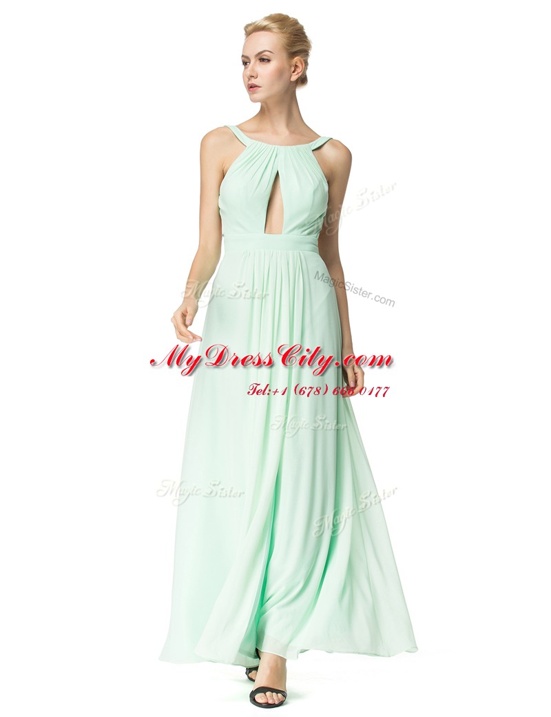 Scoop Turquoise Backless Prom Dress Ruching Sleeveless Floor Length