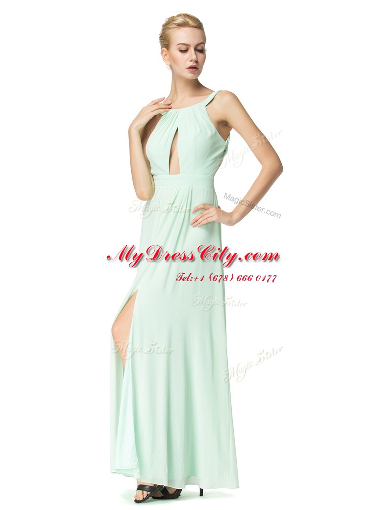 Scoop Turquoise Backless Prom Dress Ruching Sleeveless Floor Length