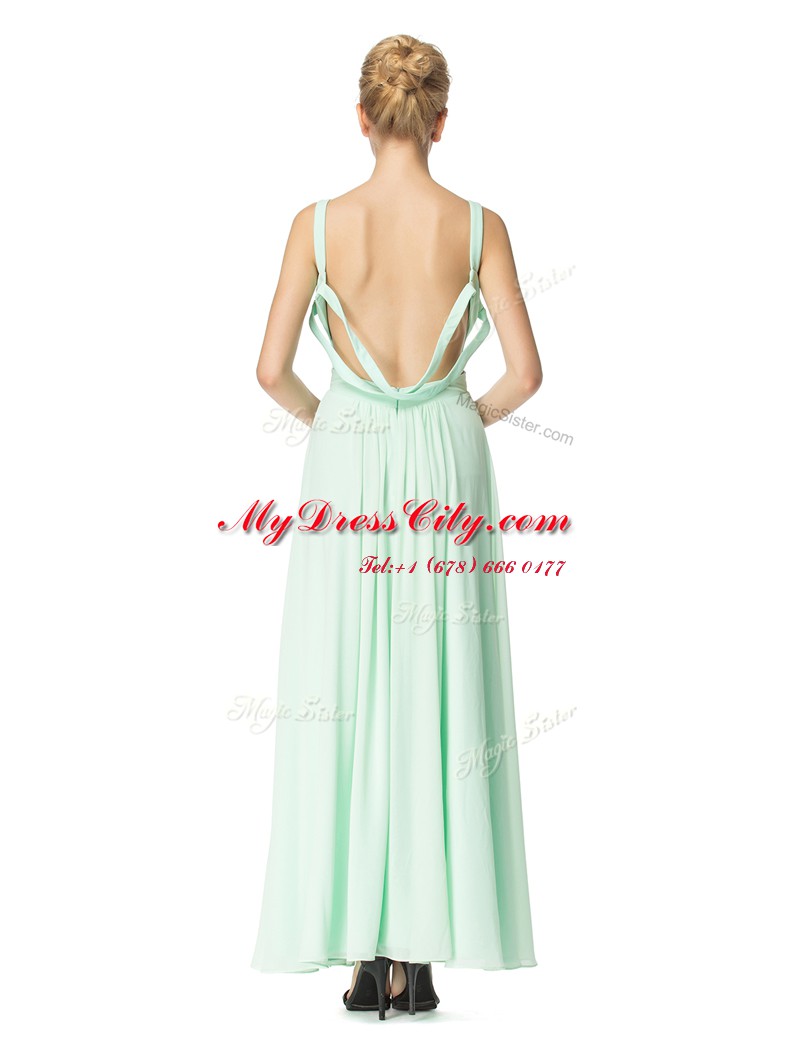 Scoop Turquoise Backless Prom Dress Ruching Sleeveless Floor Length