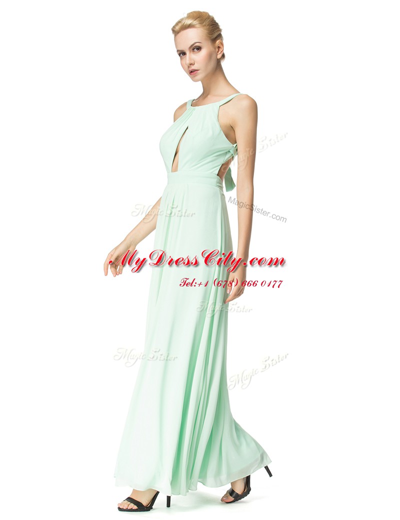 Scoop Turquoise Backless Prom Dress Ruching Sleeveless Floor Length