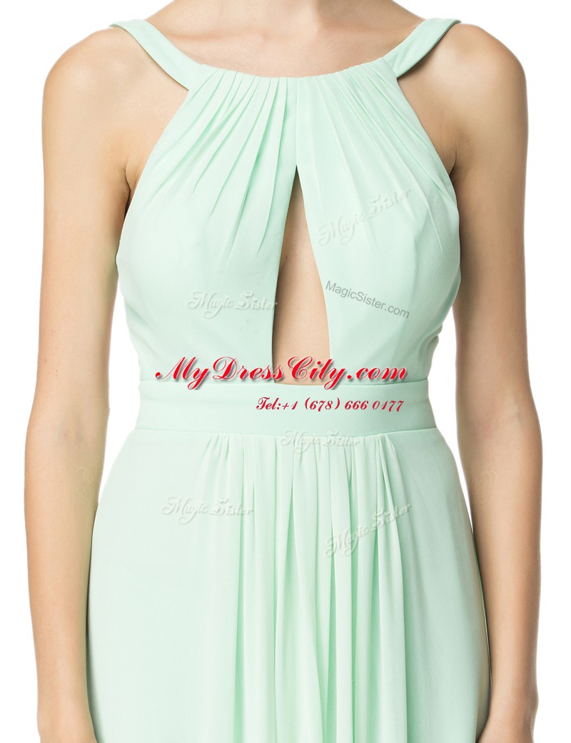 Scoop Turquoise Backless Prom Dress Ruching Sleeveless Floor Length