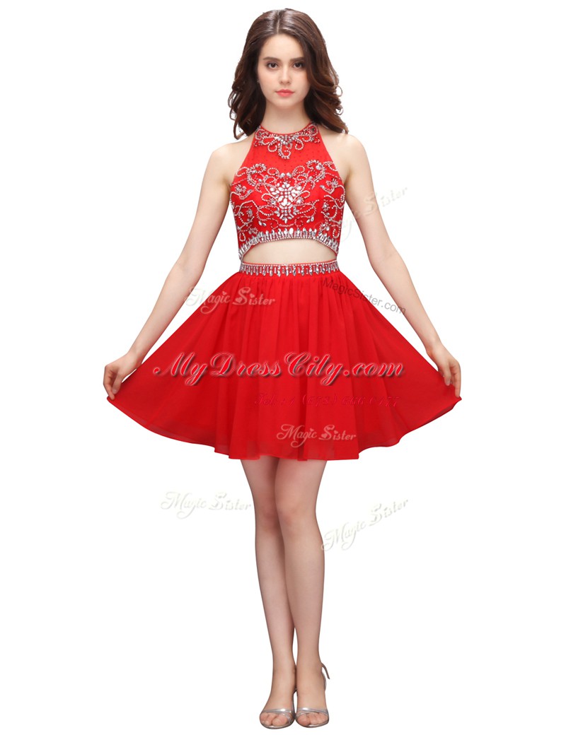 Stunning Knee Length Empire Sleeveless Coral Red Dress for Prom Zipper