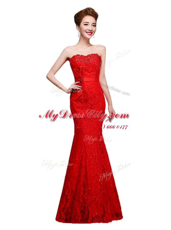 Sumptuous Mermaid Red Sleeveless Lace Lace Up Prom Gown for Prom and Party