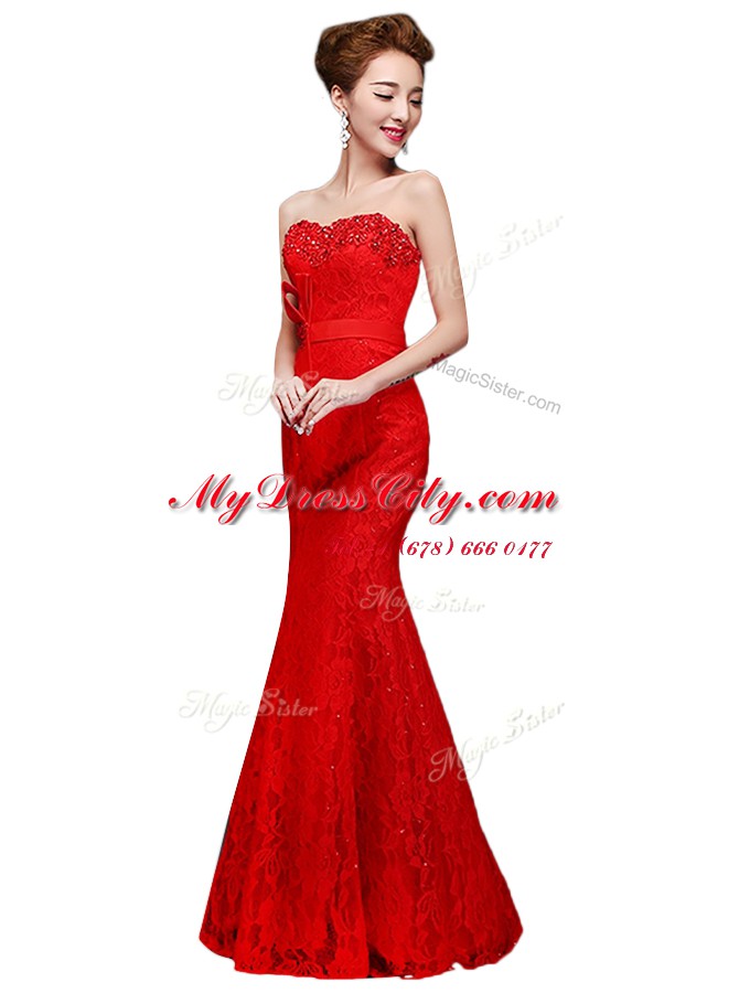 Sumptuous Mermaid Red Sleeveless Lace Lace Up Prom Gown for Prom and Party