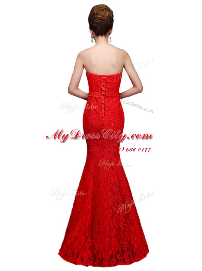 Sumptuous Mermaid Red Sleeveless Lace Lace Up Prom Gown for Prom and Party