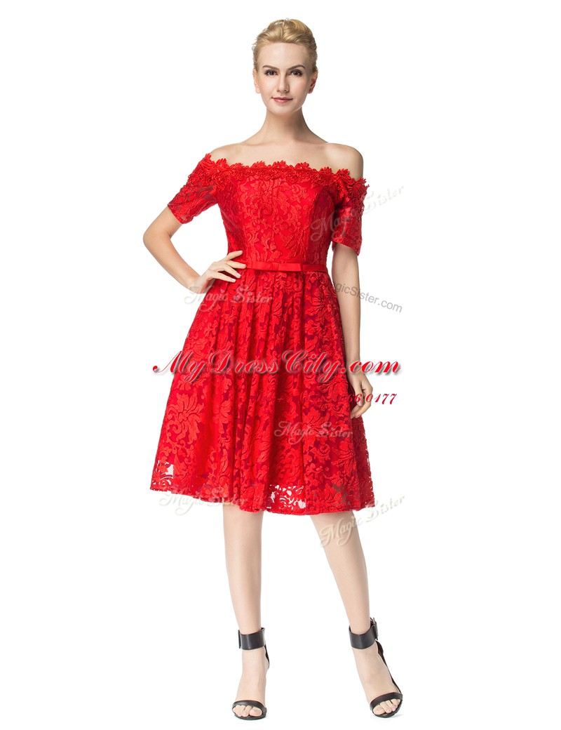 Dazzling Off the Shoulder Red Sleeveless Knee Length Lace Zipper