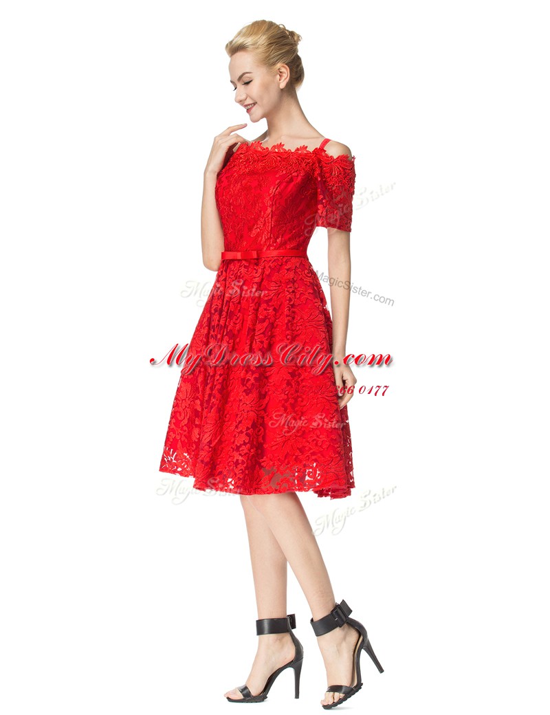 Dazzling Off the Shoulder Red Sleeveless Knee Length Lace Zipper