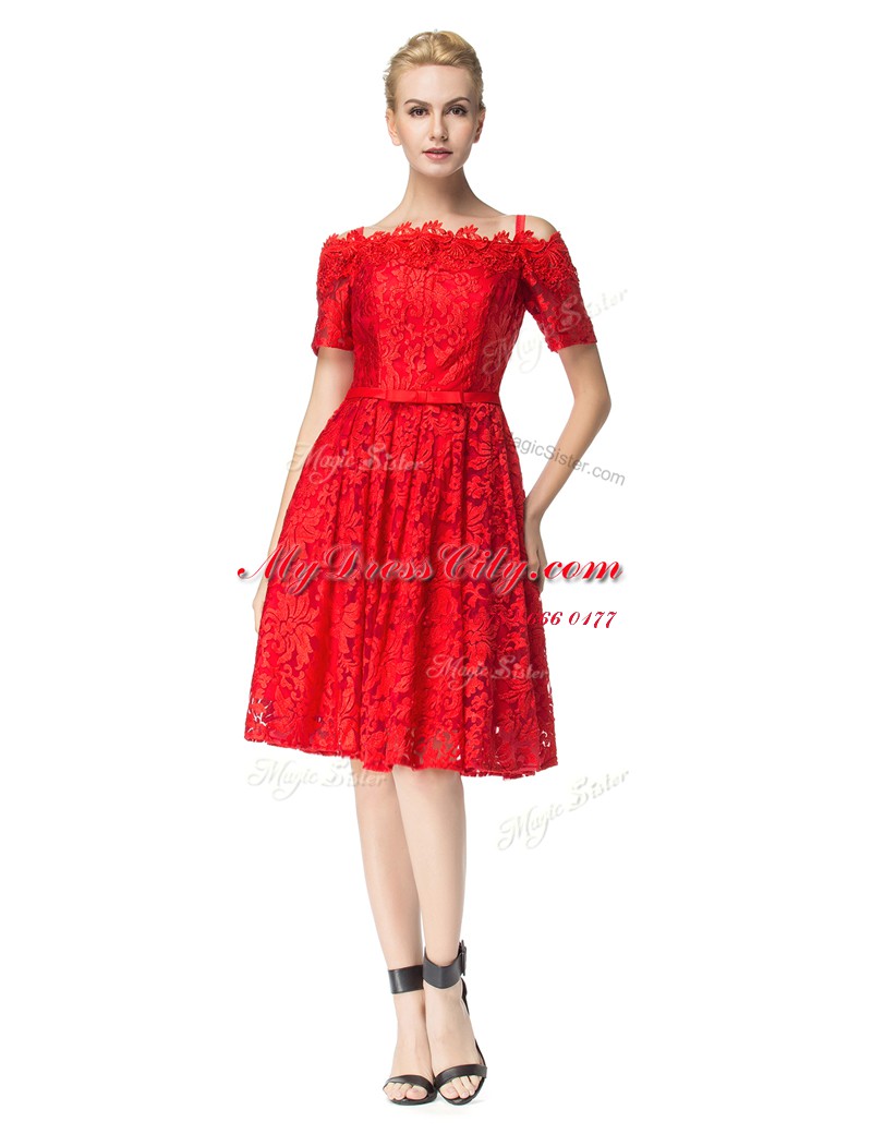 Dazzling Off the Shoulder Red Sleeveless Knee Length Lace Zipper