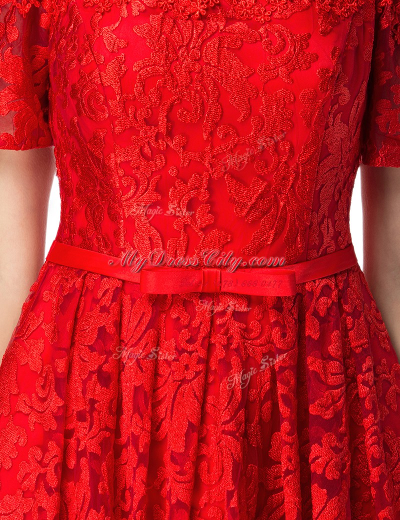 Dazzling Off the Shoulder Red Sleeveless Knee Length Lace Zipper