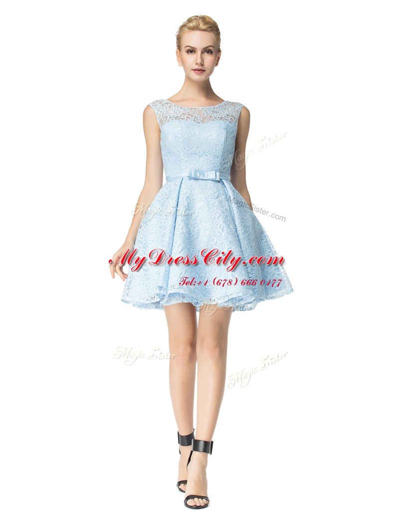 Amazing A-line Dress for Prom Light Blue Scoop Lace Sleeveless Mini Length Zipper