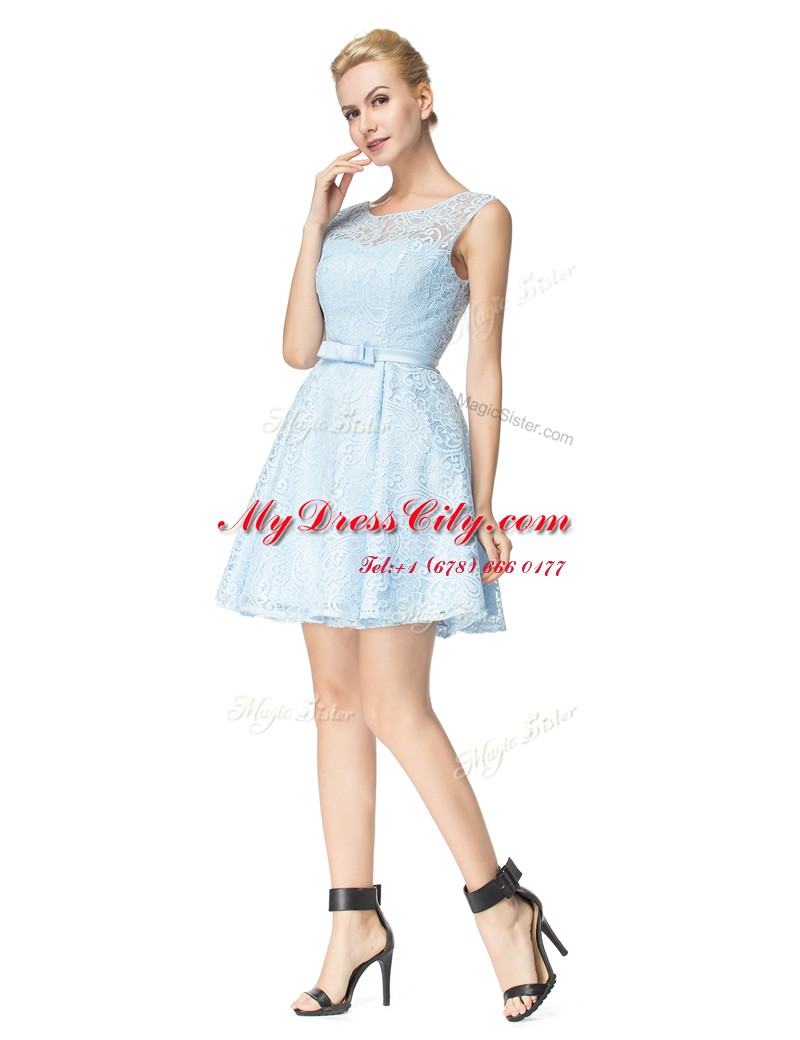 Amazing A-line Dress for Prom Light Blue Scoop Lace Sleeveless Mini Length Zipper