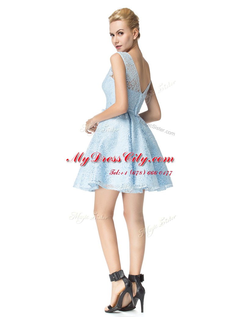 Amazing A-line Dress for Prom Light Blue Scoop Lace Sleeveless Mini Length Zipper