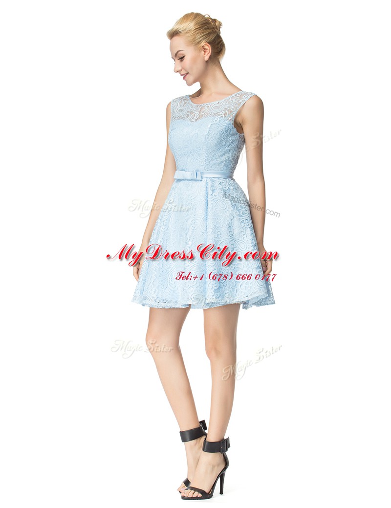 Amazing A-line Dress for Prom Light Blue Scoop Lace Sleeveless Mini Length Zipper