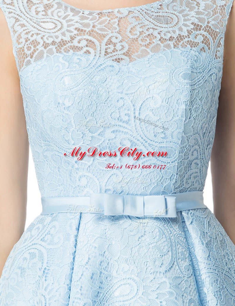 Amazing A-line Dress for Prom Light Blue Scoop Lace Sleeveless Mini Length Zipper