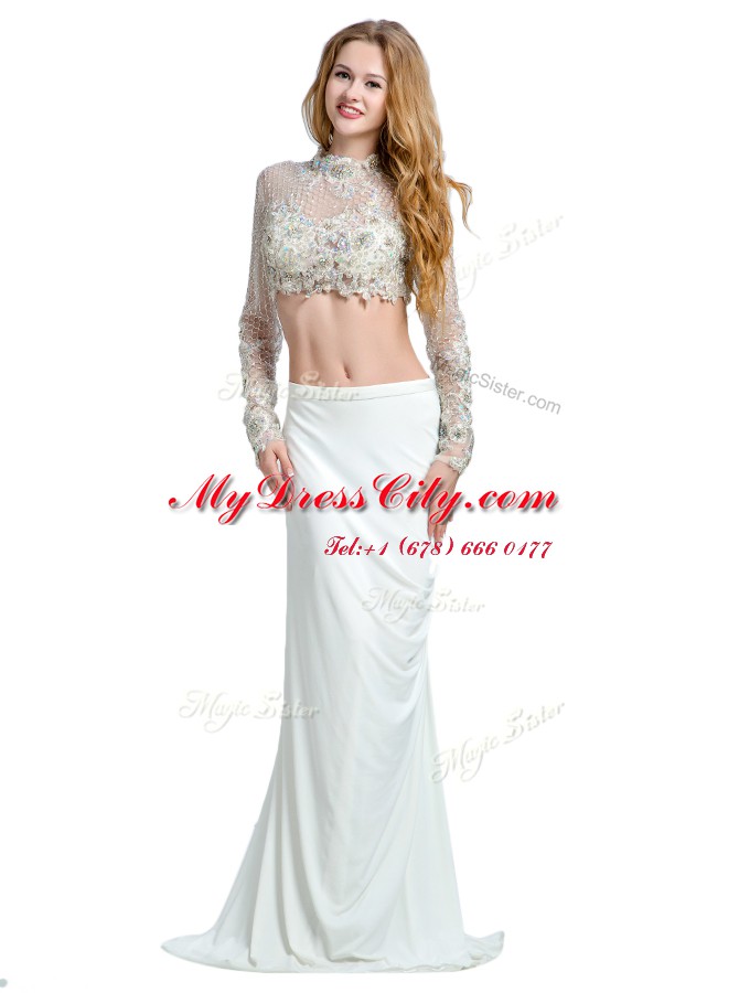 White Dress for Prom Prom and Party and For with Beading and Lace and Appliques High-neck Long Sleeves Brush Train Backless