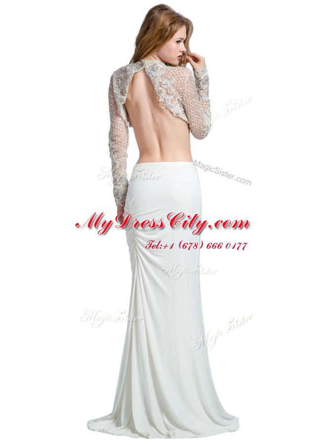 White Dress for Prom Prom and Party and For with Beading and Lace and Appliques High-neck Long Sleeves Brush Train Backless