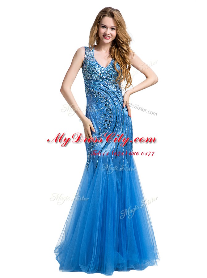 Glittering Mermaid Tulle V-neck Sleeveless Zipper Beading and Appliques Prom Party Dress in Baby Blue