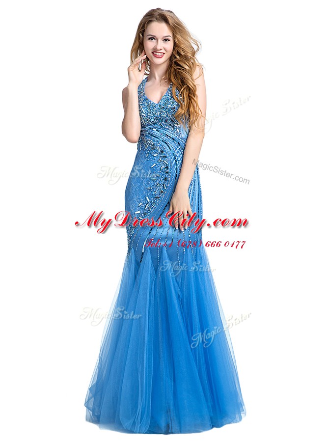 Glittering Mermaid Tulle V-neck Sleeveless Zipper Beading and Appliques Prom Party Dress in Baby Blue