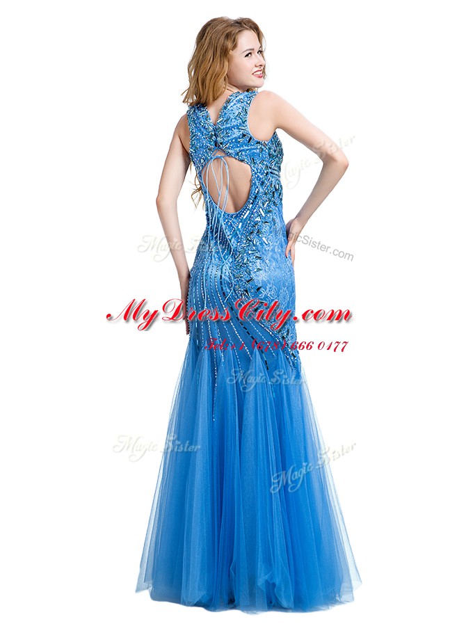 Glittering Mermaid Tulle V-neck Sleeveless Zipper Beading and Appliques Prom Party Dress in Baby Blue