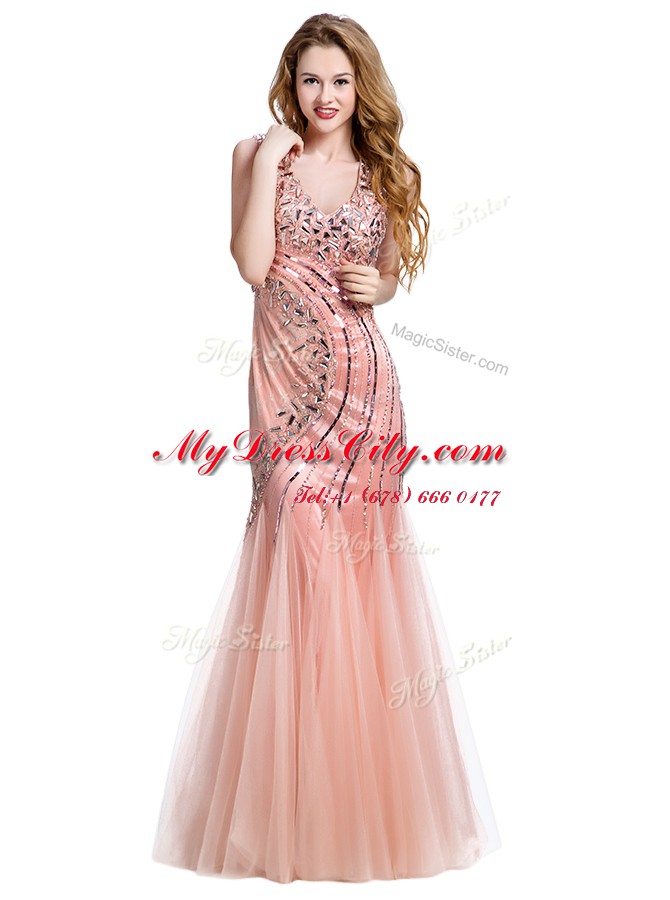 Mermaid Peach Sleeveless Beading Floor Length Homecoming Dress