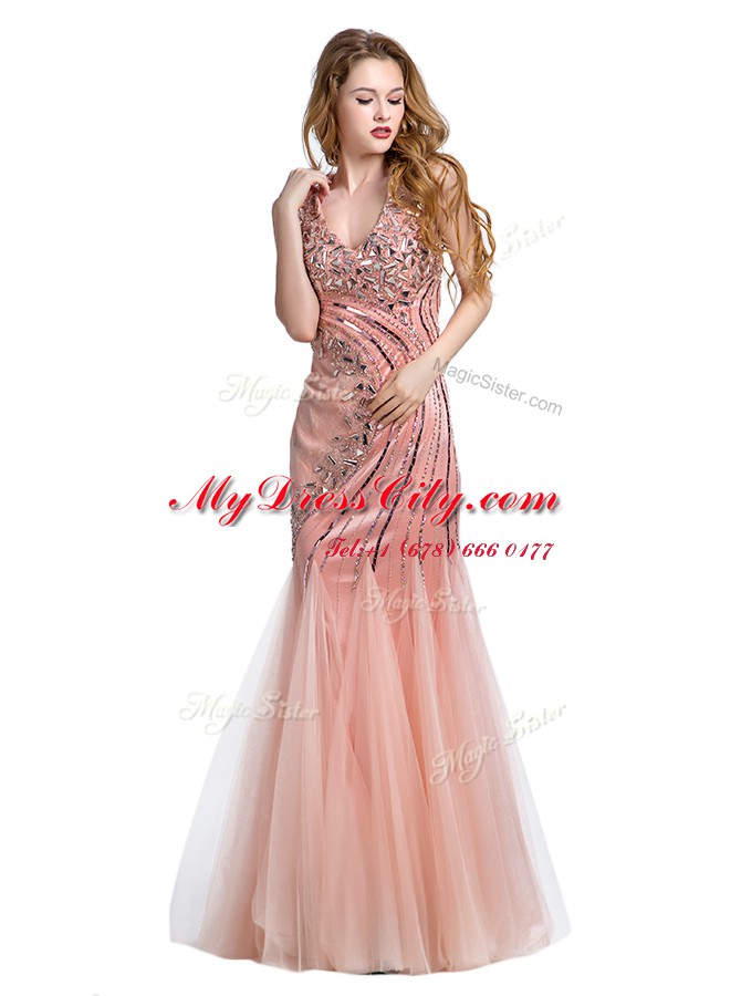 Mermaid Peach Sleeveless Beading Floor Length Homecoming Dress