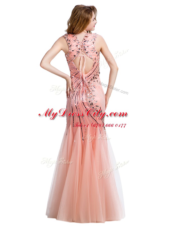 Mermaid Peach Sleeveless Beading Floor Length Homecoming Dress