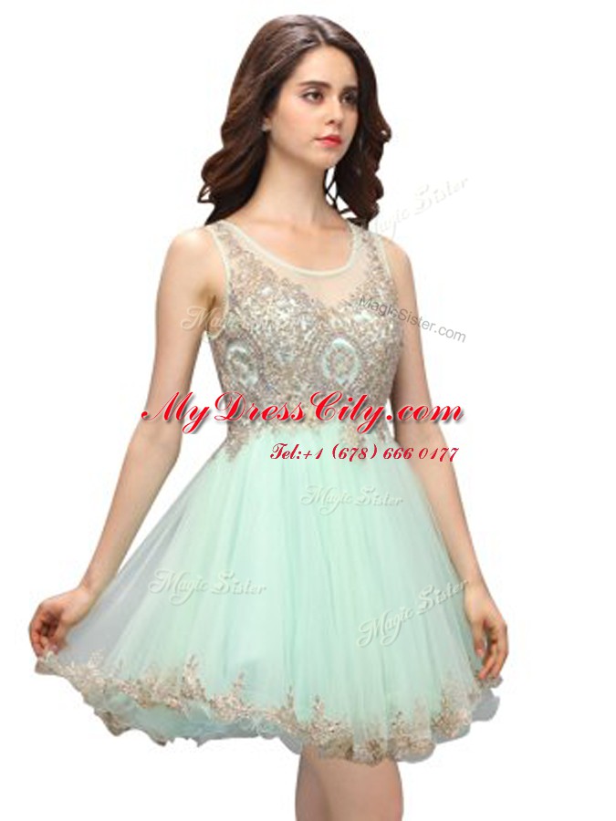 Exquisite Scoop Apple Green Zipper Prom Gown Beading and Appliques Sleeveless Mini Length