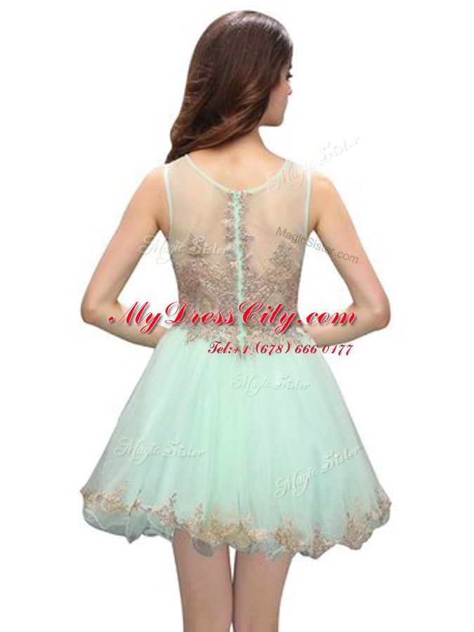 Exquisite Scoop Apple Green Zipper Prom Gown Beading and Appliques Sleeveless Mini Length