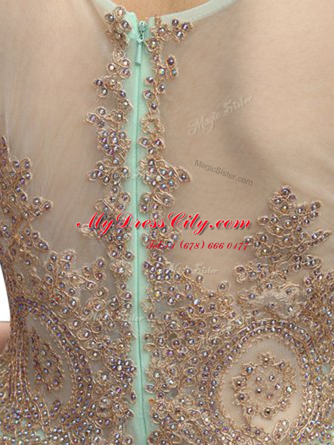 Exquisite Scoop Apple Green Zipper Prom Gown Beading and Appliques Sleeveless Mini Length