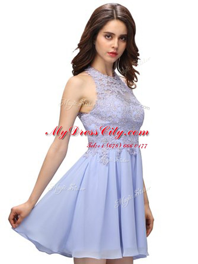 Halter Top Mini Length Lavender Chiffon Sleeveless Beading and Lace