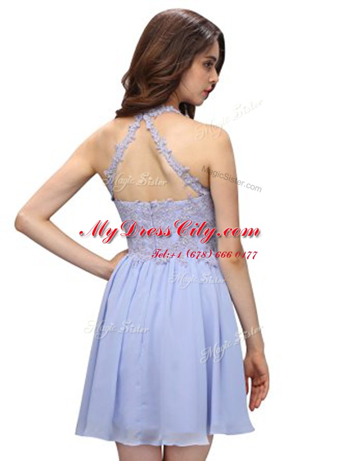 Halter Top Mini Length Lavender Chiffon Sleeveless Beading and Lace