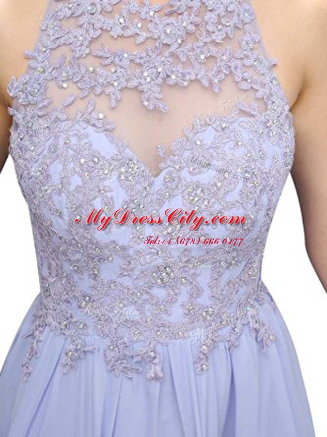 Halter Top Mini Length Lavender Chiffon Sleeveless Beading and Lace