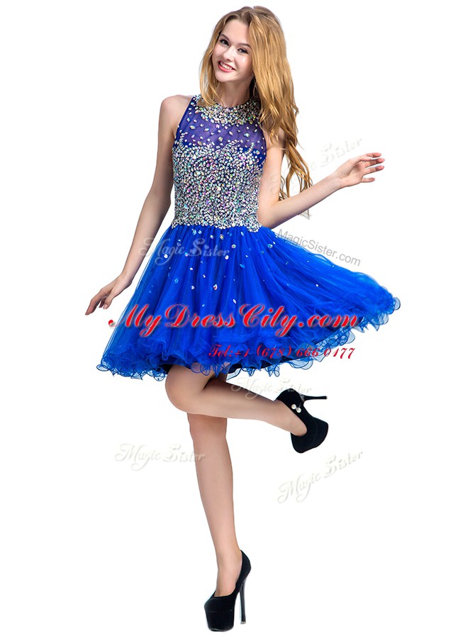 Scoop Mini Length Royal Blue Prom Dresses Tulle Sleeveless Beading